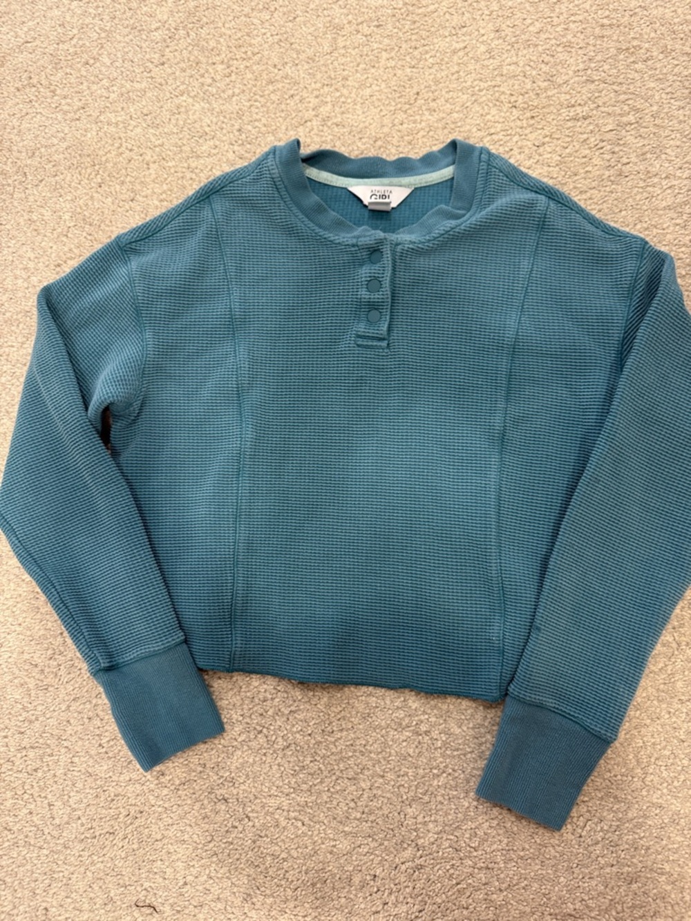 Athleta Teal Blue Waffle-Knit Henley Sweater